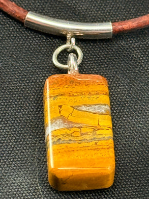 Moroccan Agatized Stromatolite Stone Pendant and Distressed Brown Leather Necklace