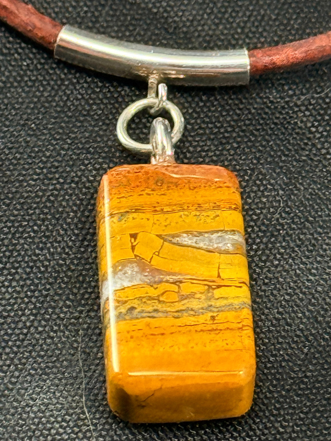 Moroccan Agatized Stromatolite Stone Pendant and Distressed Brown Leather Necklace