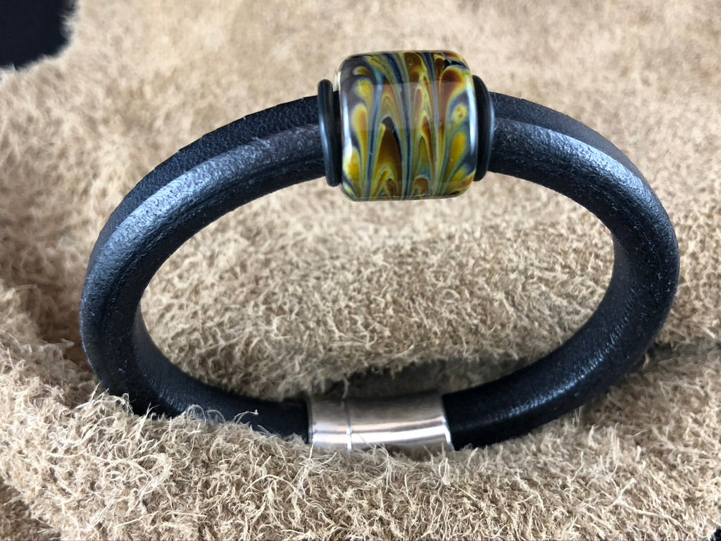 Black Leather Bracelet with Multi-Color Glass Bead Slider