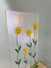Fused Glass Art/Sun Catcher Mounted on Maple Wood Stand - "Zinnia Flower Patch"