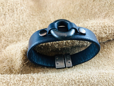 Black Flat Leather Bracelet with Single Hole Black Stone Focal Piece