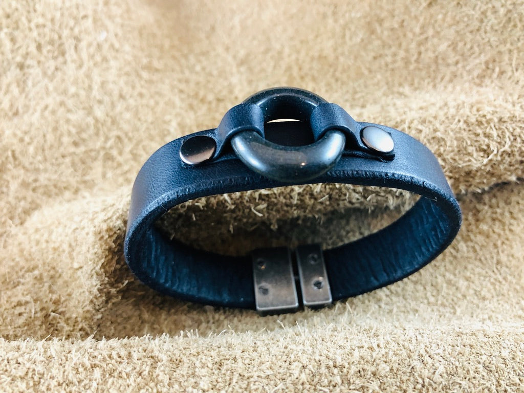 Black Flat Leather Bracelet with Single Hole Black Stone Focal Piece