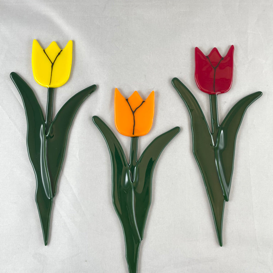 Tulip Plant Stakes - Yellow, Red, or Orange - Fused Glass Garden Art