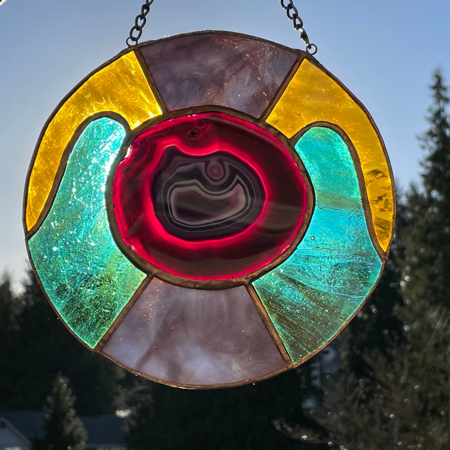 Large Round Stained Glass Purple Agate Sun Catcher