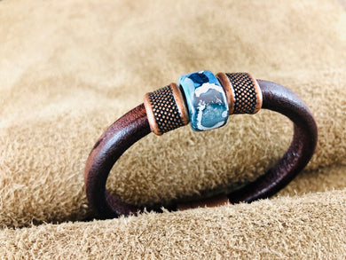 Distressed Brown Leather Bracelet with Lilac Blue/Green/Gray Ceramic Slider