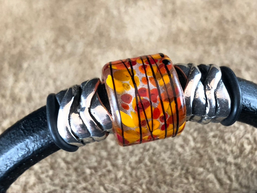 Black Leather Bracelet with Sunset Glass Bead Slider