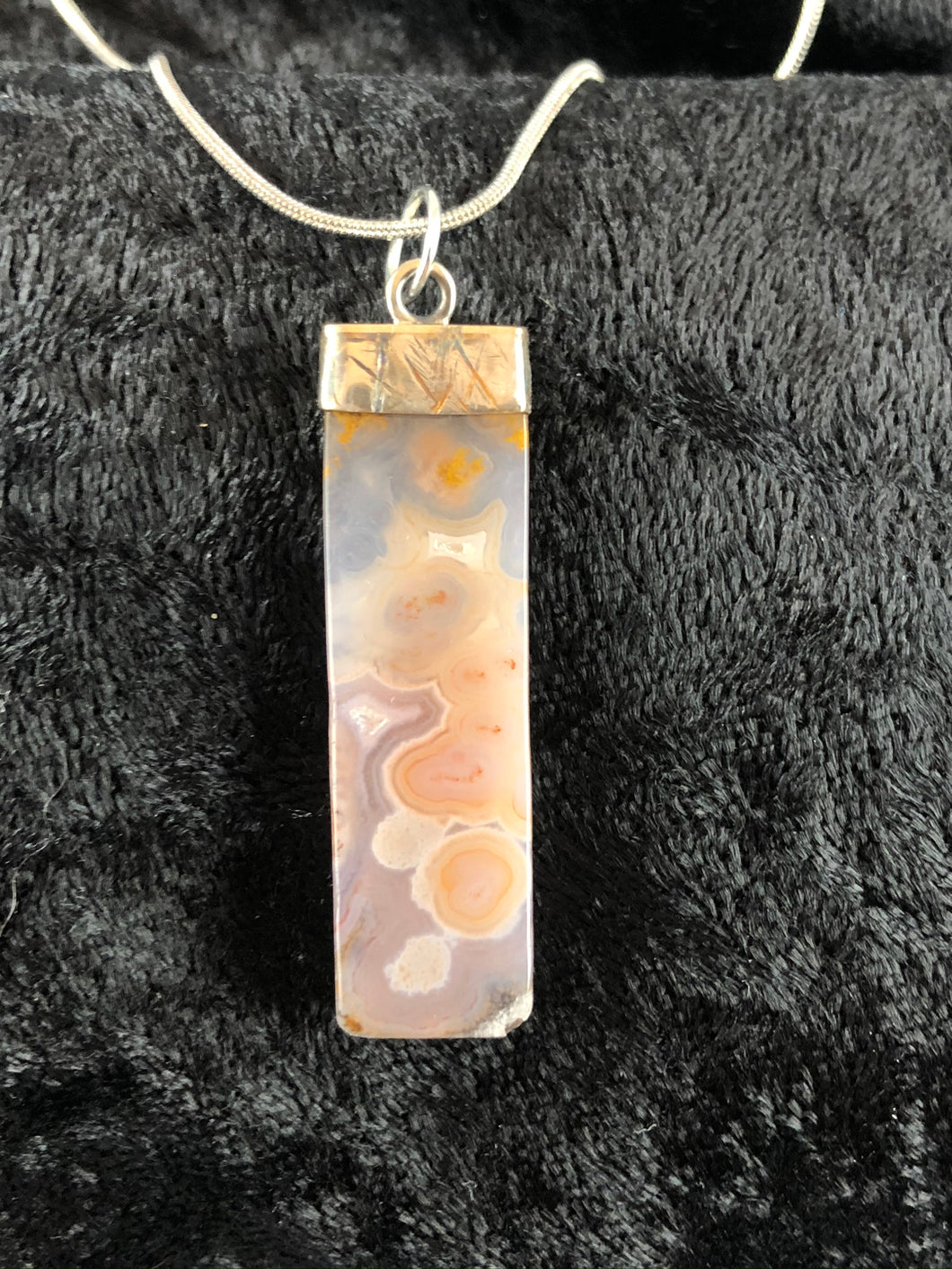 Turkish Agate Stone and Distressed Sterling Silver Pendant Necklace