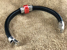 Black Leather Bracelet with Red Ceramic Bead Slider and Antique Sterling Silver Daisies