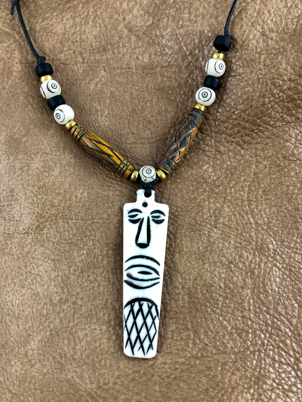 Carved Bone Tribal Face Mask Pendant Necklace