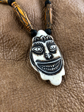 Carved Bone Tribal Smiling Face Mask Pendant Necklace