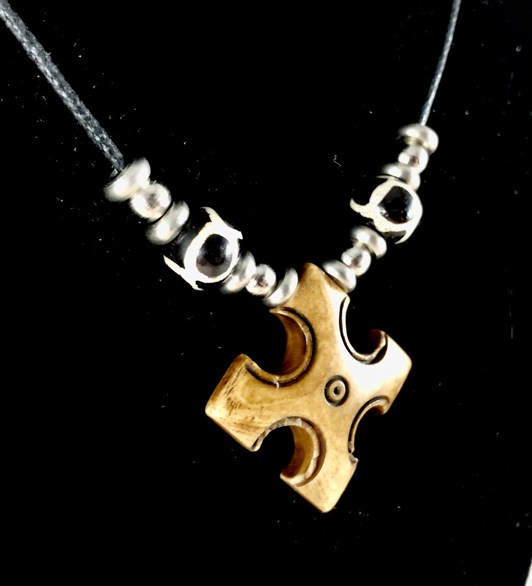 Carved Bone Tribal Cross Pendant Necklace