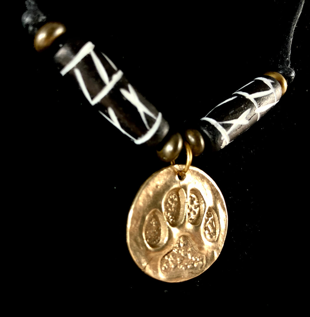 Paw Print Bronze Disc Pendant Necklace