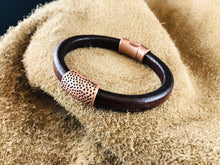 Distressed Brown Leather Bracelet with Hammered Dots in Copper Slider