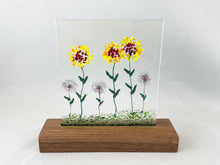 Fused Glass Art/Sun Catcher Mounted on Hickory Wood Stand - "Flower Garden"