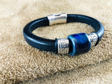 Black Leather Bracelet with Deep Blue/Green Ceramic Bead Slider