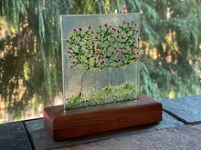Fused Glass Art/Sun Catcher Mounted on Cherry Wood Stand - "Rose Bushes"