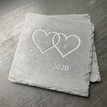 Custom Engraved Initialed Love Hearts with Date - Slate Coasters
