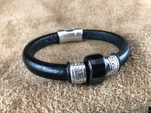 Black Leather Bracelet with Iridescent Ceramic Bead Slider