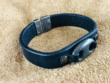 Black Flat Leather Bracelet with Double Hole Black Stone Focal Piece