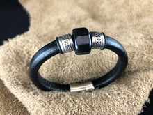 Black Leather Bracelet with Iridescent Ceramic Bead Slider