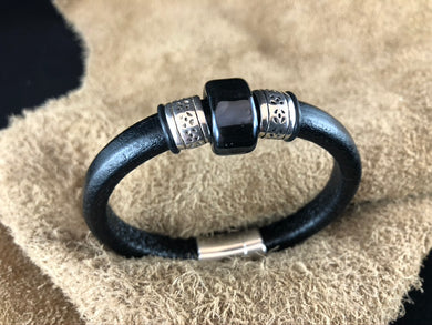 Black Leather Bracelet with Iridescent Ceramic Bead Slider