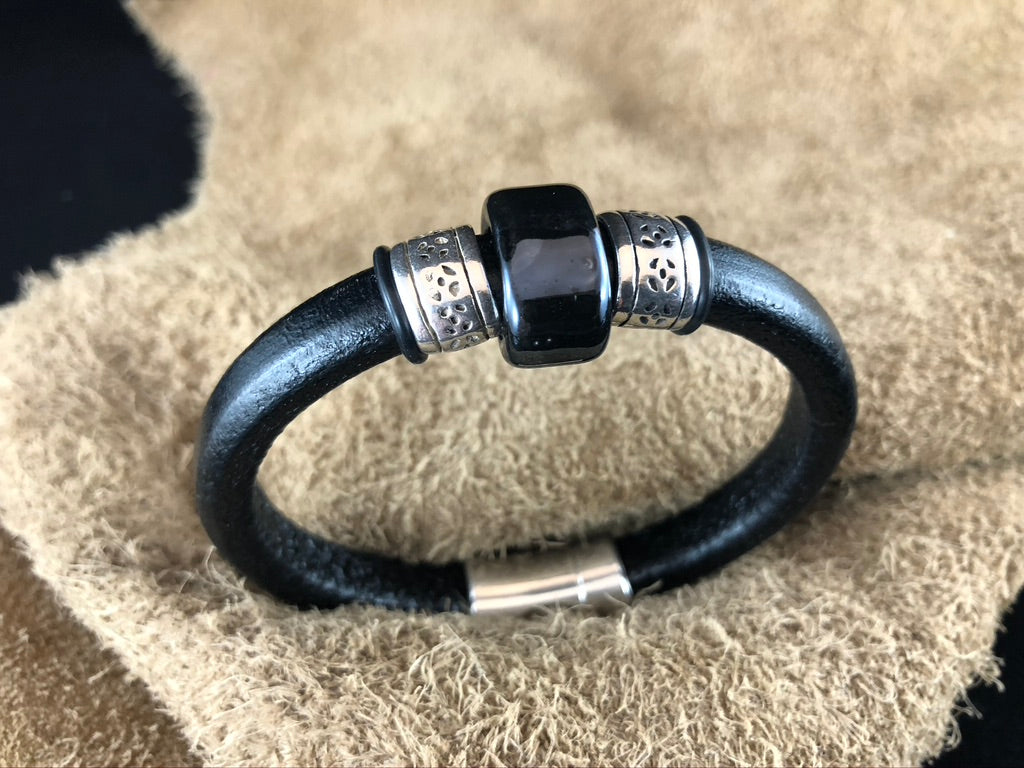 Black Leather Bracelet with Iridescent Ceramic Bead Slider