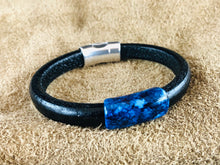 Black Leather Bracelet with "Deep Blue Cave" Multi-Color Ink on Metal Slider