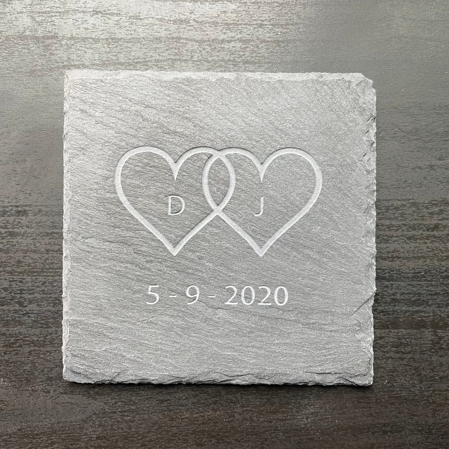 Custom Engraved Initialed Love Hearts with Date - Slate Coasters