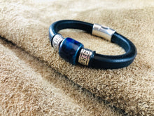 Black Leather Bracelet with Deep Blue/Green Ceramic Bead Slider