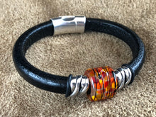 Black Leather Bracelet with Sunset Glass Bead Slider