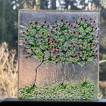 Fused Glass Art/Sun Catcher Mounted on Cherry Wood Stand - "Rose Bushes"