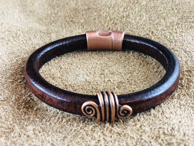 Distressed Brown Leather Bracelet with Spiral Copper Slider