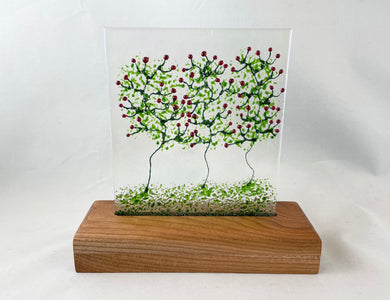 Fused Glass Art/Sun Catcher Mounted on Cherry Wood Stand - 