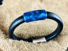 Black Leather Bracelet with "Deep Blue Cave" Multi-Color Ink on Metal Slider