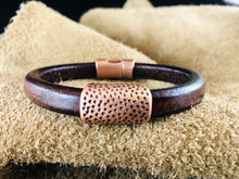 Distressed Brown Leather Bracelet with Hammered Dots in Copper Slider