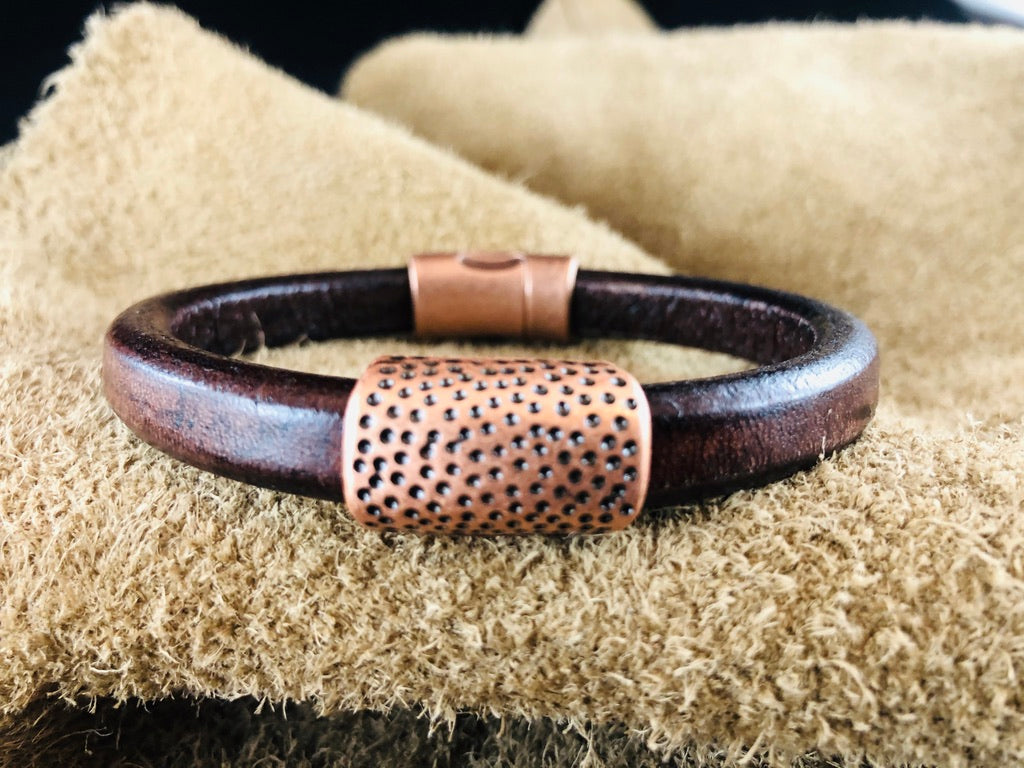 Distressed Brown Leather Bracelet with Hammered Dots in Copper Slider