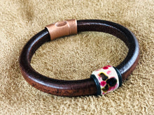 Distressed Brown Leather Bracelet with Plumb Ceramic Slider
