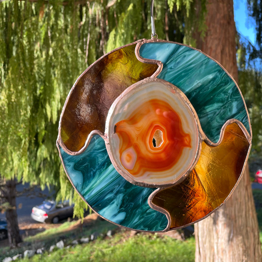 Large Round Stained Glass Brown Agate Sun Catcher