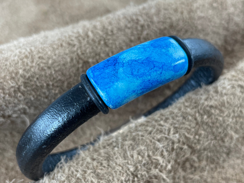 Black Leather Bracelet with Light Blue