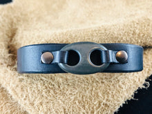 Black Flat Leather Bracelet with Double Hole Black Stone Focal Piece