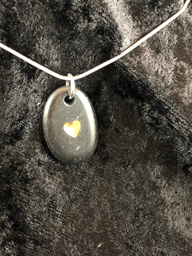 Basalt Sand Carved Golden Heart Focal Bead Necklace