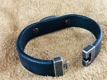 Black Flat Leather Bracelet with Double Hole Black Stone Focal Piece