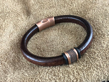 Distressed Brown Leather Bracelet with Large Dotted Copper Slider