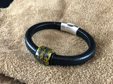 Black Leather Bracelet with Multi-Color Glass Bead Slider