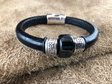 Black Leather Bracelet with Iridescent Ceramic Bead Slider