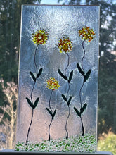 Fused Glass Art/Sun Catcher Mounted on Maple Wood Stand - "Zinnia Flower Patch"