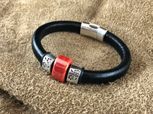 Black Leather Bracelet with Red Ceramic Bead Slider and Antique Sterling Silver Daisies