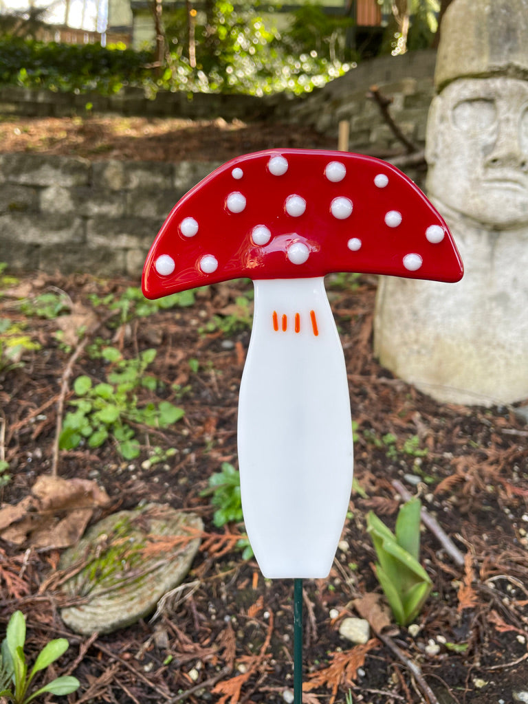Large Colorful Mushroom (Amanita muscaria) Plant Stake - Fused Glass Garden Art
