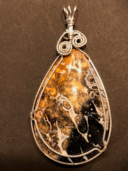 Wire Wrapped Petrified Palm Root Stone Pendant