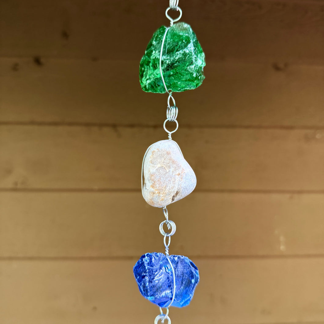 “Mini-Raining Rocks” Hanging Stone Garden Sculpture – River Rock Rain Chain Yard Art – Handmade Outdoor Hanging Decor (PNW Made)